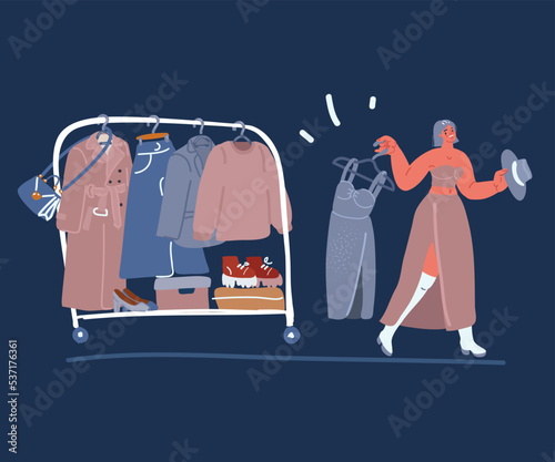 Cartoon vector illustration of Choice of clothes, nothing to wear concept. Confused thoughtful young woman deciding what to wear. Outfit on hanger in wardrobe at home
