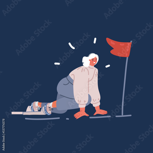 Cartoon vector illustration of young business woman at a start line of her new career