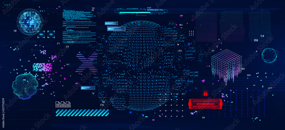 Data visualization and data distribution, information processing and stream classification. Internet connection in dot and pixel illustration with code elements and HUD interface. Cyber shapes. Vector