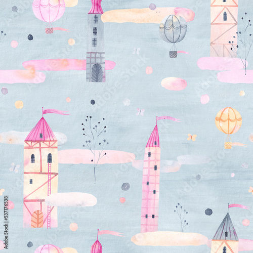 Fairy towers in the clouds seamless pattern. Watercolor background. Perfect for fabric, textile, wallpaper. Grey background.