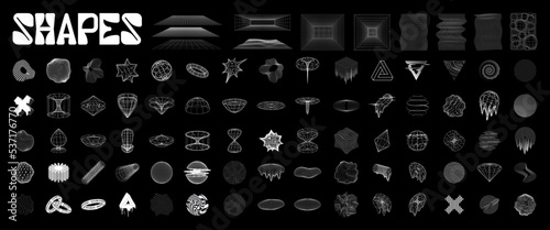 Retrofuturistic graphic pack. Universal geometric shapes - circle, spheres, grid with liquid, glitch effect. Figures from wireframe mesh. Cyberpunk and retro shapes from 80s - 90s. Vector graphic set