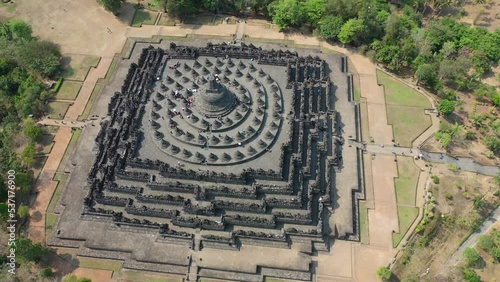 Empty iconic Buddhist temple Borobudur Java Indonesia aerial drone photo