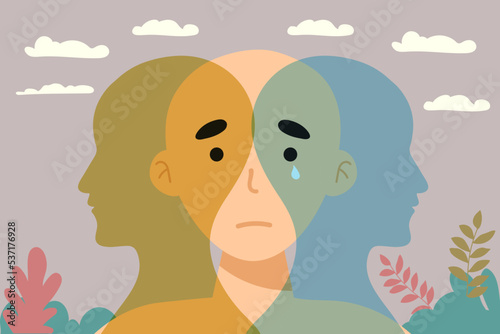 Metaphor bipolar disorder mind mental. Double face. Split personality. Concept mood disorder. 2 Head silhouette.Psychology. Mental health. Dual personality concept. Tangle and untangle.