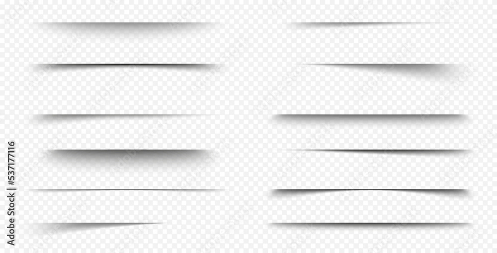 Shadow strips, realistic lines overlay effect isolated on transparent background. Gradient borders with soft edges. Black paper shades, dividers graphic design elements, 3d vector illustration, set