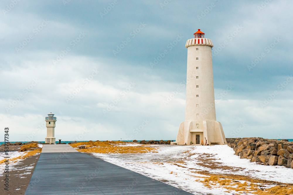 Old Akranes Lighthouse and Akranesviti , Nice lighthouses close to the shore of Akranes town near Reykjavik at Akranes , West Coast of Iceland : 15 March 2020