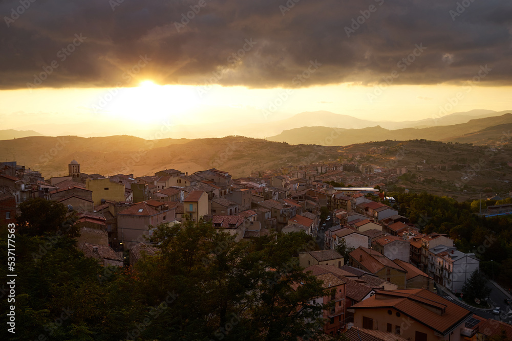 the country silhouette of Troina in the Province of Enna at sunset