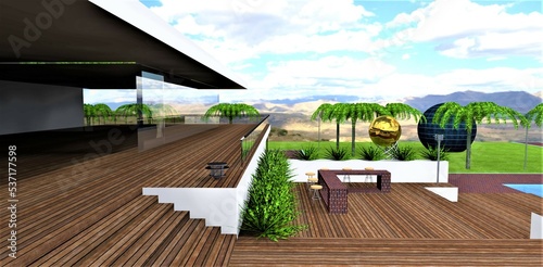 Wonderful terrace with wood flooring and steps. Glass facade on the second floor. Stylish metal sculptures below. Amazing green lawn and mountain landscape. 3d rendering. photo