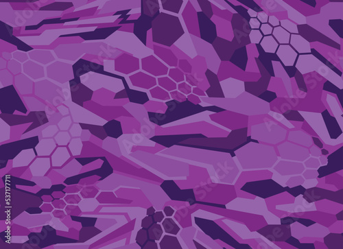Camouflage geometric seamless pattern with hexagonal and polygonal shapes. Abstract modern digital camo texture ornament for racing vinyl print. Vector background.