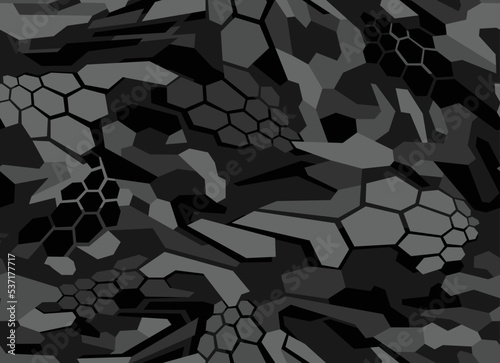 Camouflage geometric seamless pattern with hexagonal and polygonal shapes. Abstract modern digital camo texture ornament for racing vinyl print. Vector background.