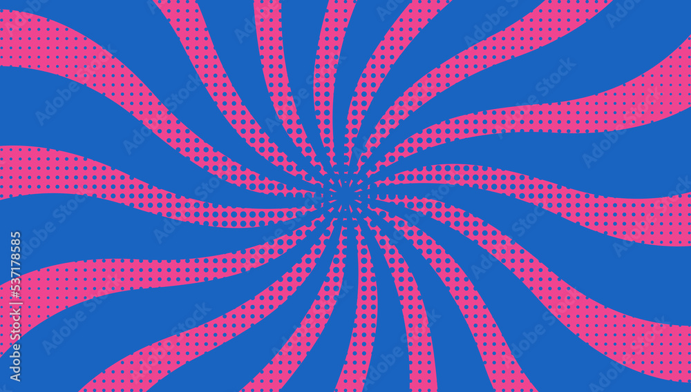 Blue and pink pop art background with halftone dots.
