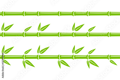 Green bamboo trunk seamless lines. Bamboo branch border with leaves. Vector illustration isolated in flat style on white background. © Elena Pimukova