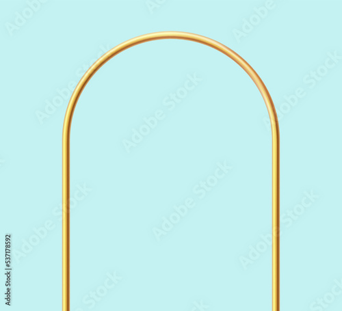 Golden realistic arch. Gold 3d arch frame. Shiny doorway. Blank portal design element. Vector illustration isolate on blue background.