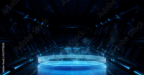 Fototapeta Naklejka Na Ścianę i Meble -  Blue spaceship interior with glowing neon lights podium on the floor. Futuristic corridor in space station with circles background. 3d rendering