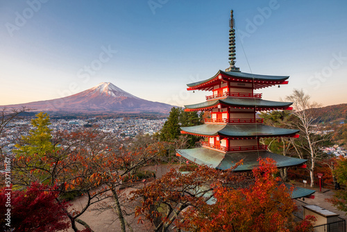 Fuji mountain with Chureito Pagoda in autumn, at Fujiyoshida Japan