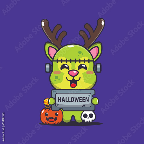 Zombie deer holding halloween greeting stone. Cute halloween cartoon illustration.