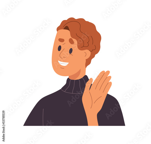 Man greeting smb with fake positive emotion, pretending friendly and happy. Person smiling, concealing real reaction with false face expression. Flat vector illustration isolated on white background