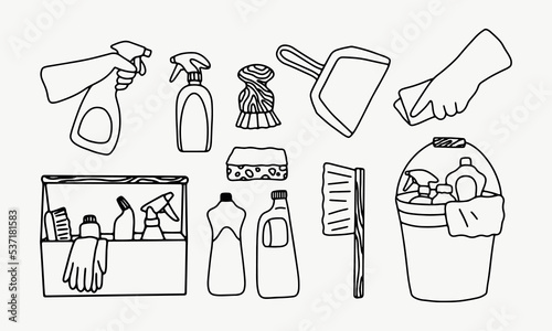 Various cleaning products. Vector hand drawn illustration.
