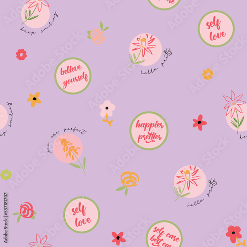 Lavender, lilac trendy conversational seamless pattern print with doodle flowers, floral print and tags, positive quotes and slogans for fabric, textile, tshirt, and wrapping
