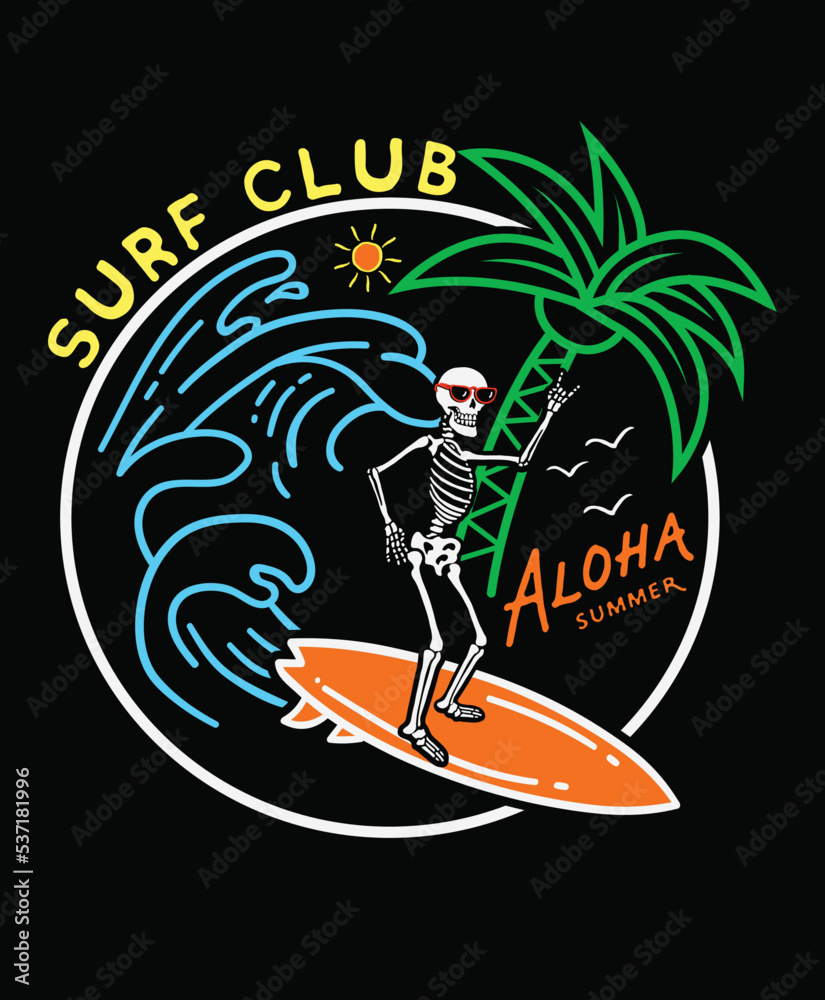 surf club.skeleton surfer.Venice beach.Aloha