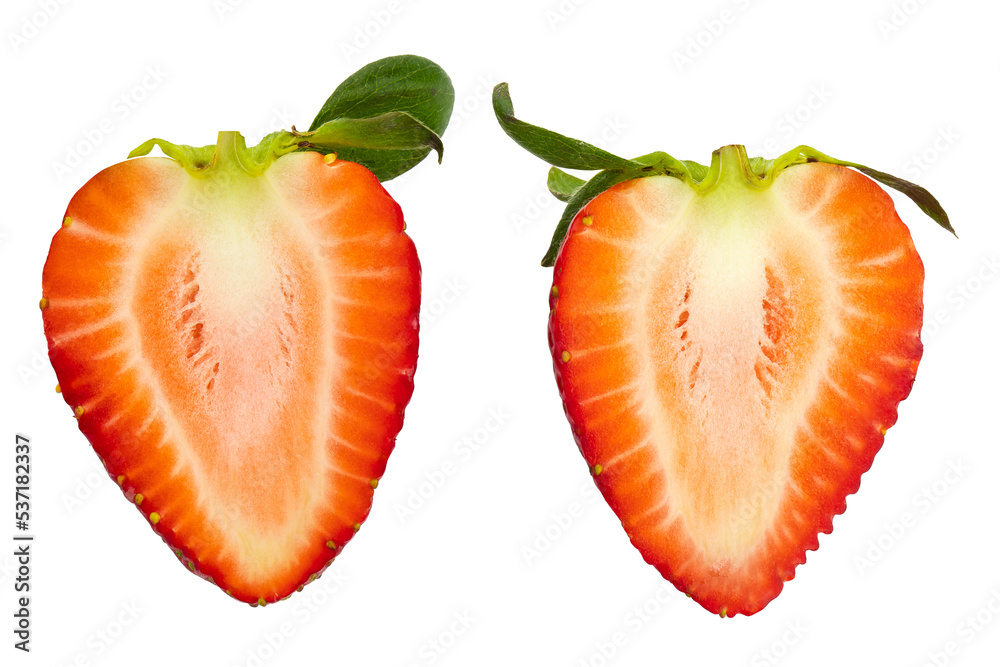 Fresh red strawberries and green leaves on white background Fresh red strawberries and green leaves on white background