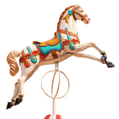 Close-up of a plastic horse of a carousel horses or merry-go-round isolated on white or transparent background. Italy, Europe. Photography, png.