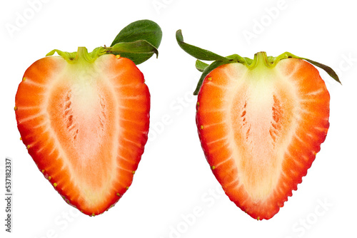 Fresh red strawberries and green leaves on white background