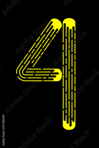 Number 4 from yellow dotted lines isolated on black background. Design element