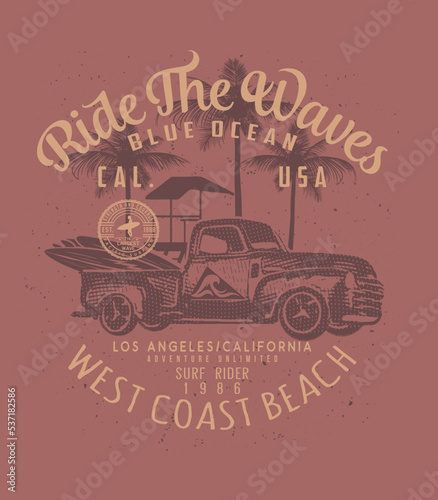 Van Surf Illustration / t-shirt graphics / vectors/ typography/ pacific surf wave/ summer tropical heat print/ surf print vector set/ wave illustration