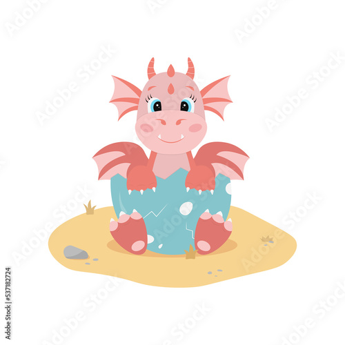 Fototapeta Naklejka Na Ścianę i Meble -  Red dragon in egg shell sitting on sand. Cute cartoon character in flat style. Illustration on white background.