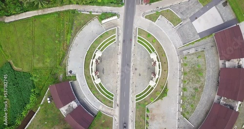 aerial top round shot of Kembang Limus gate, access road to Borobudur temple. 4K photo