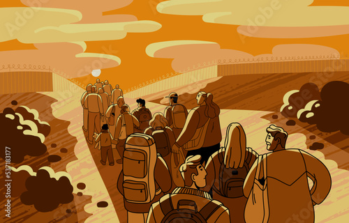 Migration crisis concept. Migrants crowd queue, many refugees line waiting at country border. Lot of immigrants, seekers departing, moving for political asylum, relocation. Flat vector illustration photo