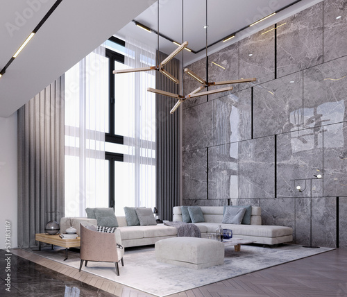 3d rendering,3d illustration, Interior Scene and  Mockup,living room style modern high ceiling,living room fireplace.