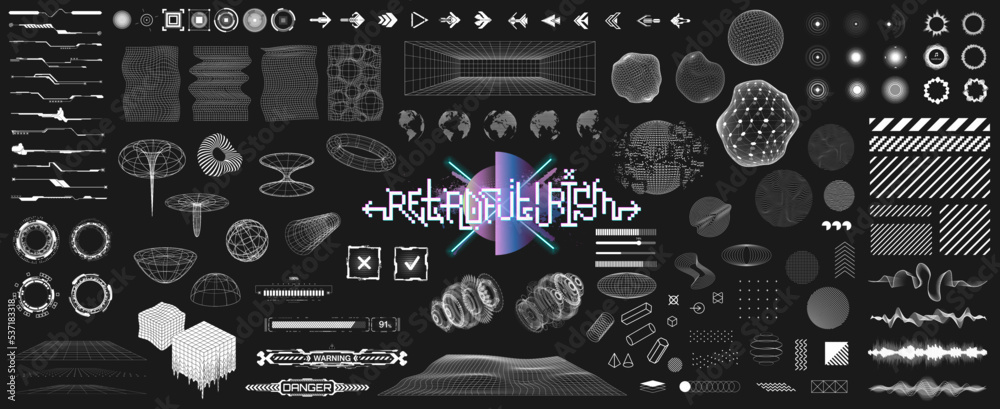 Digital 3D trendy universal shapes with glitch, defect, liquid effect and HUD interface. Retro futuristic shapes, tech cyberpunk user interface elements for UI, UX, GUI. Cyberpunk 3D HUD vector set	