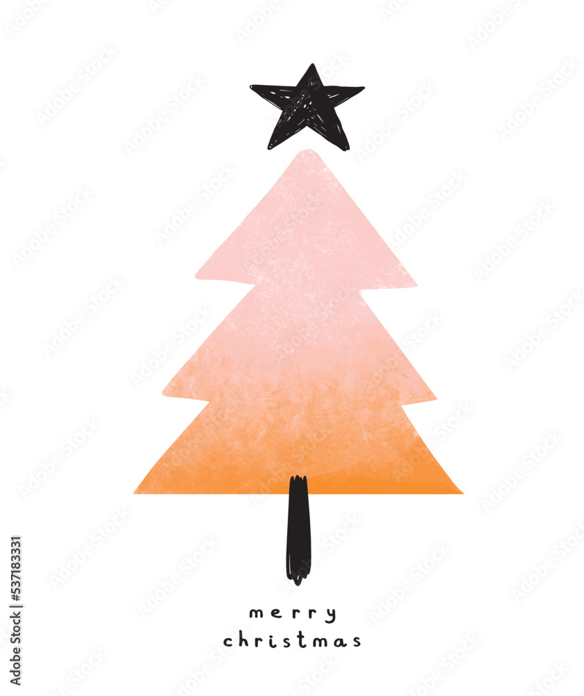 Merry Christmas Vector Card. Pink-orange Crayon Drawing Style Christmas Tree, Black Star and Handwritten Wishes Isolated on a White Background. Christmas Illustration with Xmas Tree Made of Scribbles.