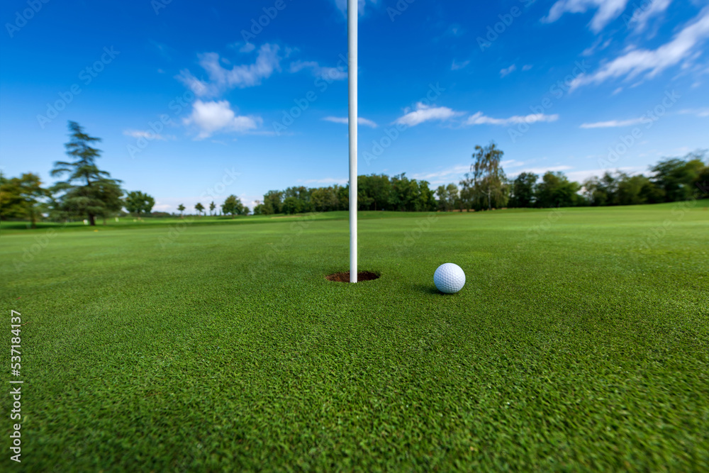 Obraz premium Golf ball near hole in field