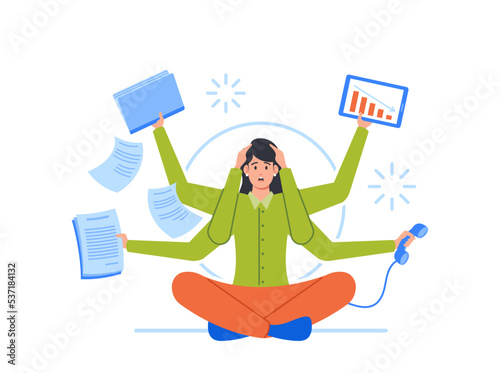 Multitasking, Deadline, Time Management Concept. Stressed Businesswoman With Many Arms Sitting In Yoga Lotus Position