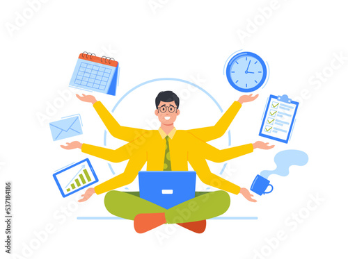 Multitasking, Effective Time Management Concept. Businessman With Many Arms Sit In Yoga Lotus Position Doing Many Tasks