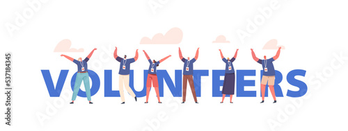 Volunteers Concept, Happy Male and Female Group From Social Charity Stand Together with Raised Arms Poster, Banner