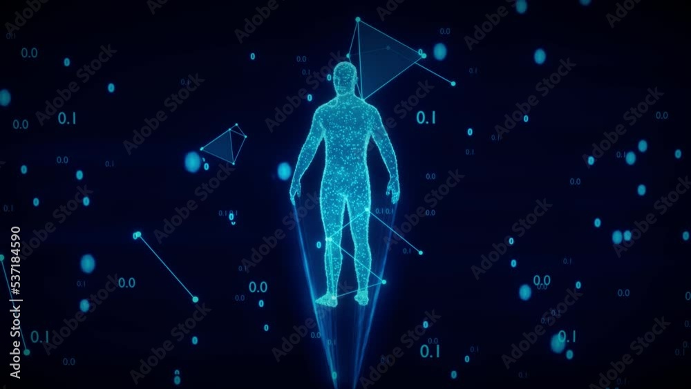 Concept digital humanity. Data build people. Human hologram from points and polygons in a cloud of binary code and connections. 3d rendering
