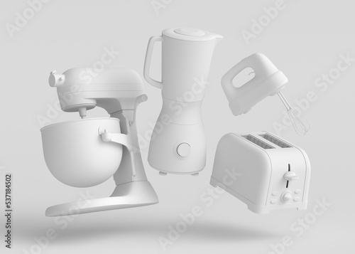 Electric kitchen appliances and utensils for making breakfast on monochrome