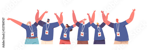 Volunteer Characters with Red Heart Badge Rejoice with Raised Hands, Volunteering Community Isolated on White Background