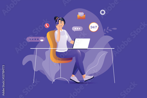 Call center concept with people scene. Vector illustration.