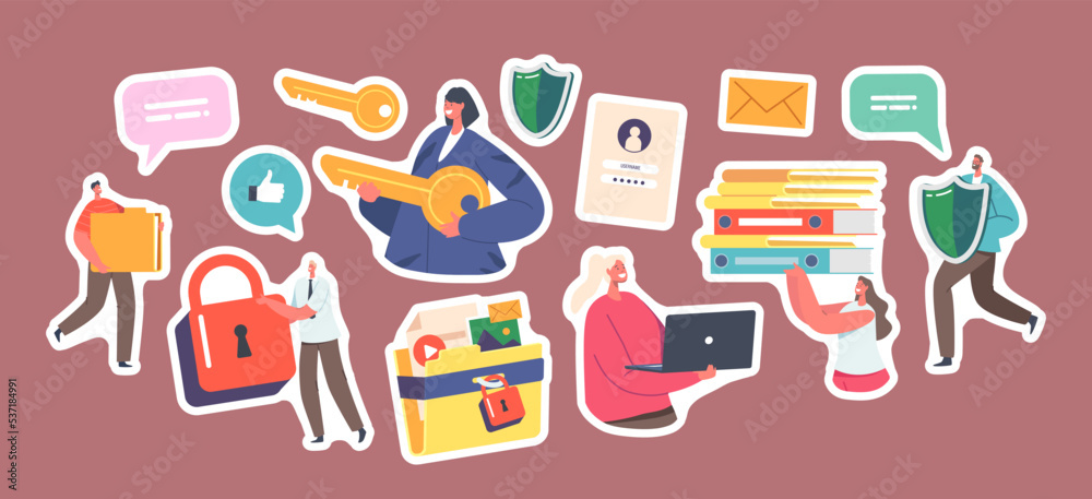Set of Stickers Data and Document Protection, Privacy. Characters with Laptop, Video, Photo Files, Folders, Shield Set of Stickers Data and Document Protection, Privacy. Characters with Laptop, Video, Photo Files, Folders, Shield