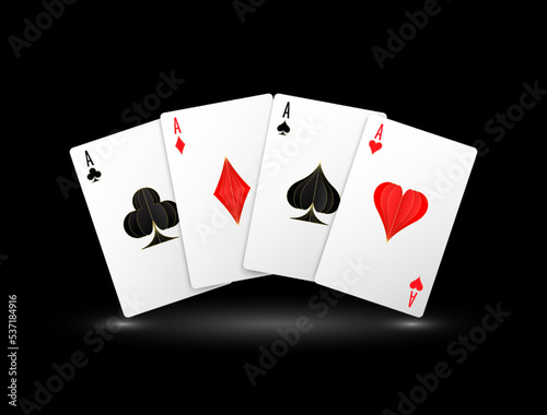 Poker cards. Four aces of diamonds clubs spades and hearts fly. Red and black colors. Isolated on solid background. Online casino gambling concept. Vector illustration.