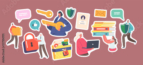 Set of Stickers Data and Document Protection, Privacy. Characters with Laptop, Video, Photo Files, Folders, Shield