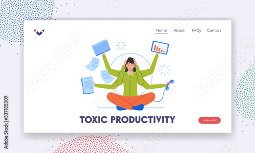Toxic Productivity Landing Page Template. Multitasking, Deadline, Time Management. Stressed Businesswoman Work in Office