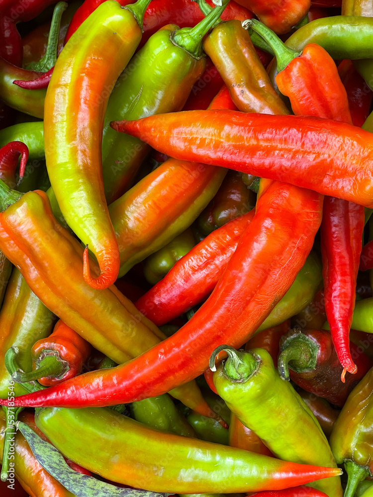 Close up top view of freshly harvested red and green chili peppers Close up top view of freshly harvested red and green chili peppers