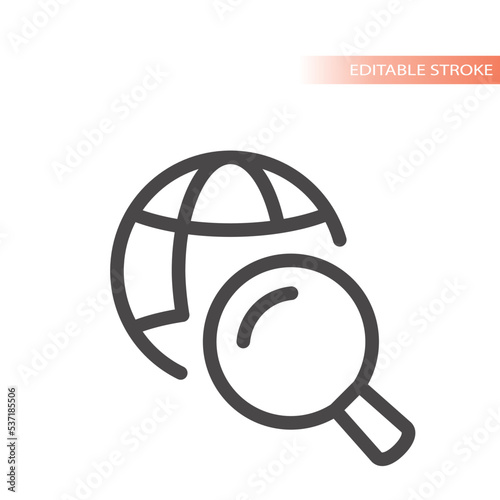 Globe and magnifying glass line vector icon. Web search, internet outlined symbol.