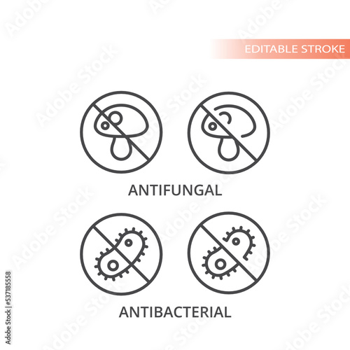 Antibacterial and antifungal line vector icon. No fungus and no bacteria outlined label symbols. photo