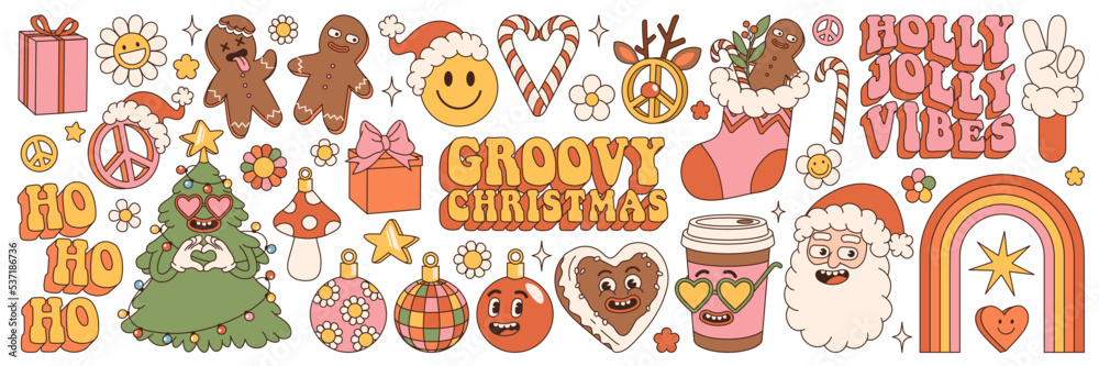 Groovy hippie Christmas stickers. Santa Claus, Christmas tree, gifts, rainbow, peace, holly jolly vibes, ho ho ho, coffee, gingerbread in trendy retro cartoon style. Cartoon characters and elements.